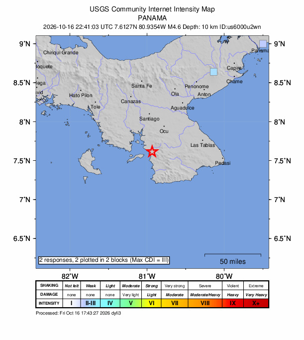USGS DYFI community-reported intensity map for the M4.6 earthquake near 12 km SSE of Tebario, Panama