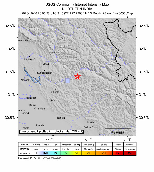 USGS DYFI community-reported intensity map for the M4.3 earthquake near 10 km SE of Rāmpur, India