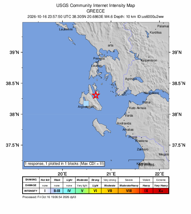 USGS DYFI community-reported intensity map for the M4.6 earthquake near 6 km NNE of Sámi, Greece