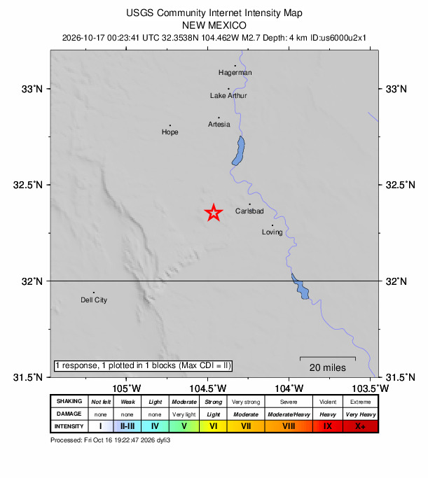 USGS DYFI community-reported intensity map for the M2.7 earthquake near 21 km NNW of Whites City, New Mexico