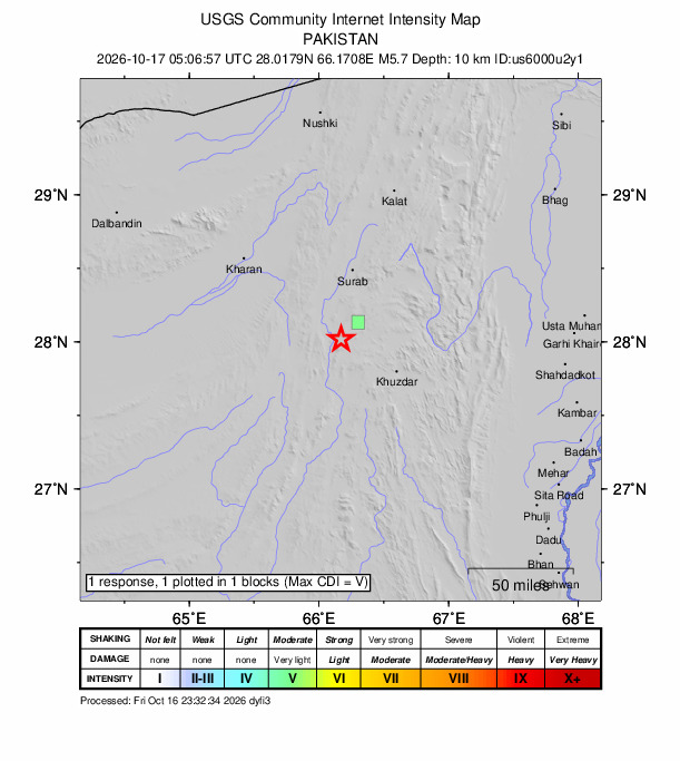 USGS DYFI community-reported intensity map for the M5.7 earthquake near 48 km WNW of Khuzdar, Pakistan