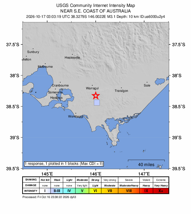 USGS DYFI community-reported intensity map for the M3.1 earthquake near 14 km SSW of Yarragon, Australia