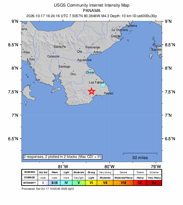 USGS DYFI community-reported intensity map for the M4.3 earthquake near 3 km NE of Flores, Panama