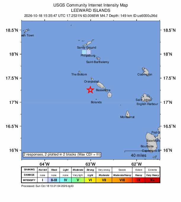 USGS DYFI community-reported intensity map for the M4.7 earthquake near 20 km SW of Sandy Point Town, Saint Kitts and Nevis