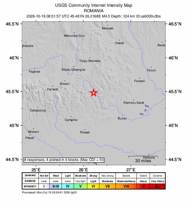 USGS DYFI community-reported intensity map for the M4.5 earthquake near 2 km W of Lunca Jariștei, Romania