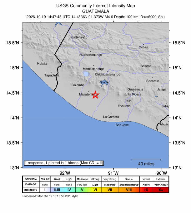 USGS DYFI community-reported intensity map for the M4.6 earthquake near 5 km E of San José El Ídolo, Guatemala