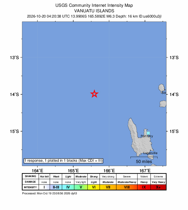 USGS DYFI community-reported intensity map for the M6.6 earthquake near 195 km NW of Port-Olry, Vanuatu