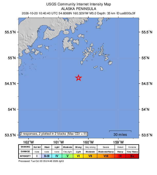 USGS DYFI community-reported intensity map for the M5.0 earthquake near 81 km S of Sand Point, Alaska