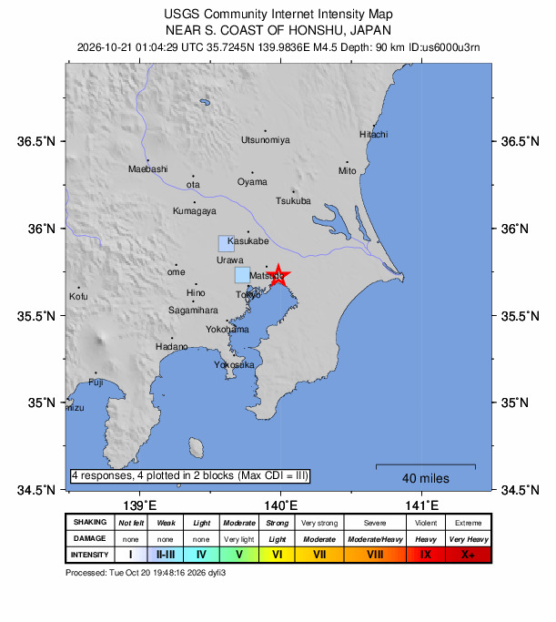 USGS DYFI community-reported intensity map for the M4.5 earthquake near 2 km N of Honchō, Japan