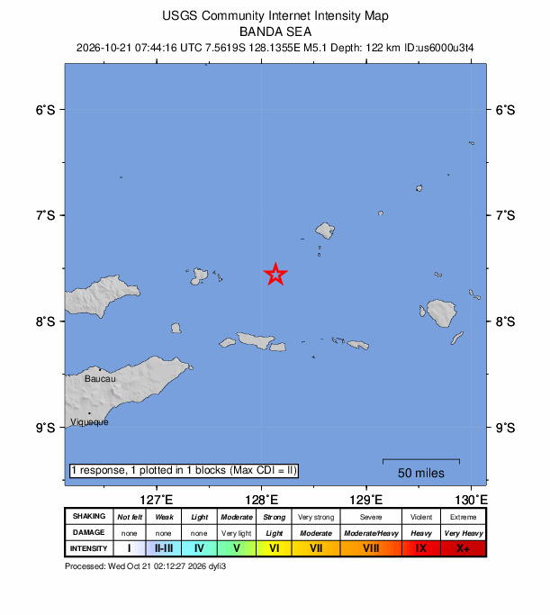USGS DYFI community-reported intensity map for the M5.1 earthquake near 164 km NE of Lospalos, Timor Leste