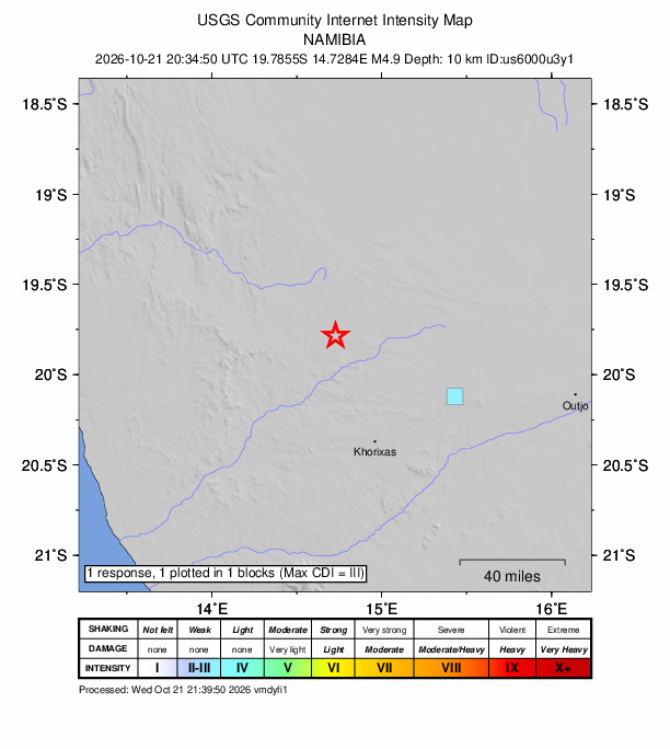 USGS DYFI community-reported intensity map for the M4.9 earthquake near 68 km NNW of Khorixas, Namibia
