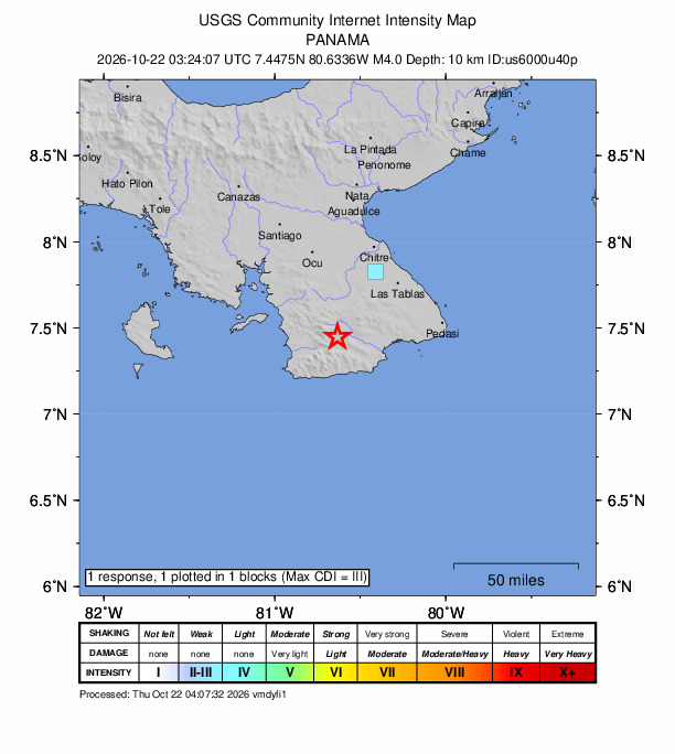 USGS DYFI community-reported intensity map for the M4.0 earthquake near 2 km N of El Cortezo, Panama