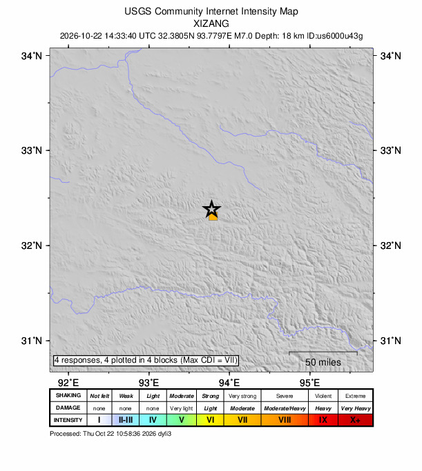 USGS DYFI community-reported intensity map for the M7.0 earthquake near 191 km ENE of Nagqu, China