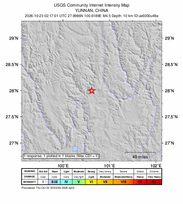 USGS DYFI community-reported intensity map for the M4.5 earthquake near 18 km NNW of Yongning, China