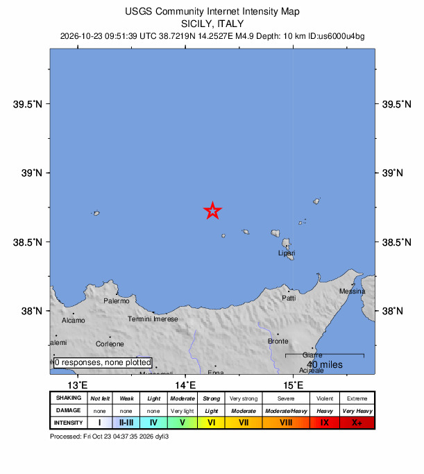 USGS DYFI community-reported intensity map for the M4.9 earthquake near 53 km WNW of Leni, Italy