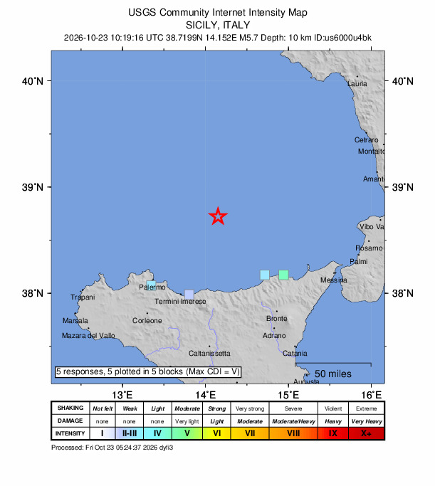USGS DYFI community-reported intensity map for the M5.7 earthquake near 61 km WNW of Leni, Italy