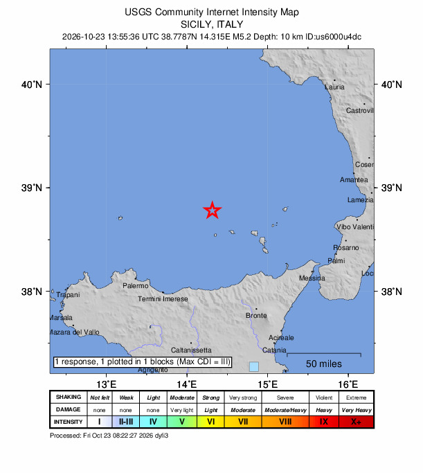 USGS DYFI community-reported intensity map for the M5.2 earthquake near 50 km WNW of Malfa, Italy