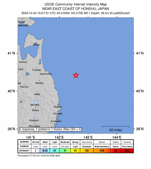 USGS DYFI community-reported intensity map for the M5.1 earthquake near 72 km ENE of Noda, Japan