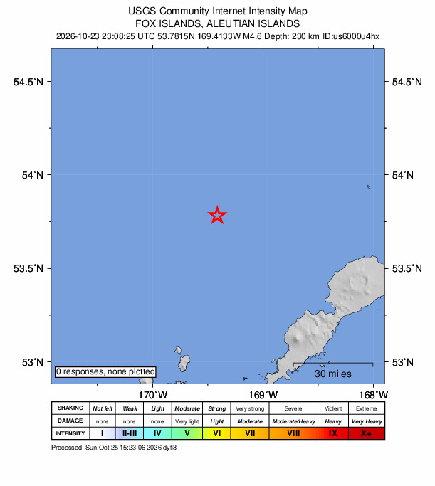 USGS DYFI community-reported intensity map for the M4.6 earthquake near 100 km NNW of Nikolski, Alaska