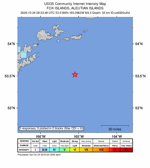 USGS DYFI community-reported intensity map for the M4.5 earthquake near 81 km SSE of Akutan, Alaska