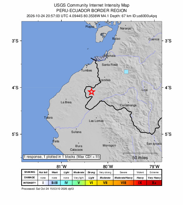 USGS DYFI community-reported intensity map for the M4.1 earthquake near 37 km ESE of Cañaveral, Peru