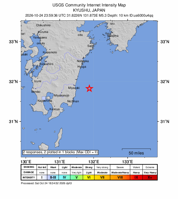 USGS DYFI community-reported intensity map for the M5.3 earthquake near 44 km ESE of Miyazaki, Japan