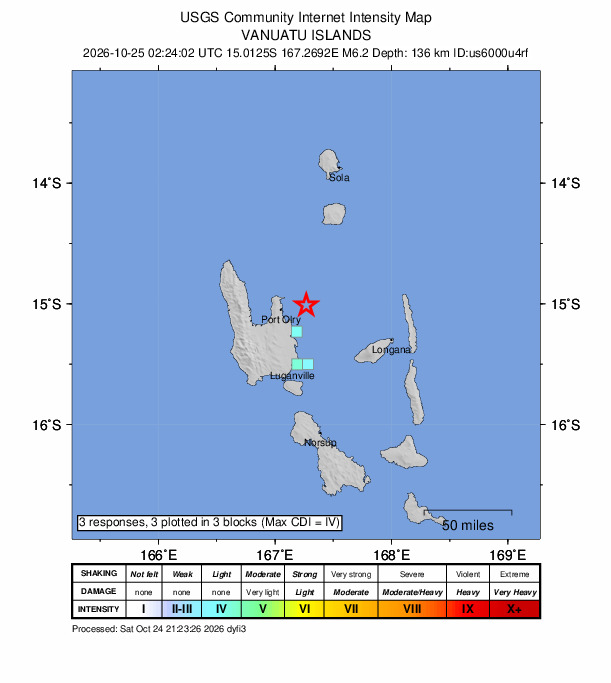 USGS DYFI community-reported intensity map for the M6.2 earthquake near 21 km E of Port-Olry, Vanuatu