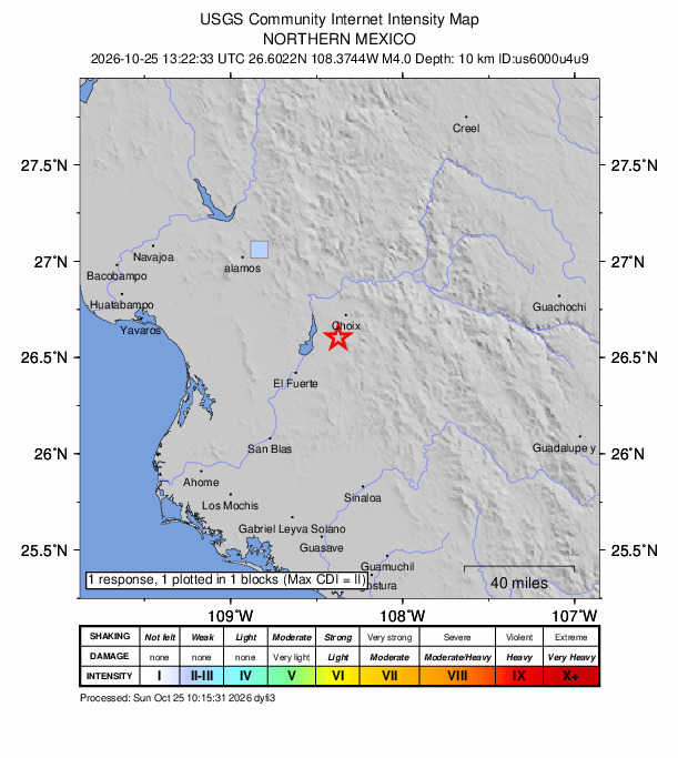 USGS DYFI community-reported intensity map for the M4.0 earthquake near 7 km NNW of Agua Caliente Grande (De Gastélum), Mexico