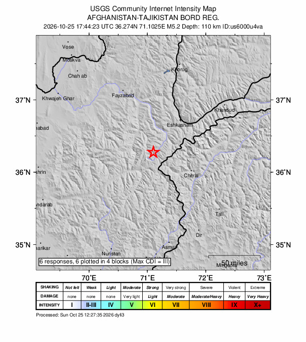 USGS DYFI community-reported intensity map for the M5.2 earthquake near 59 km SW of Ashkāsham, Afghanistan