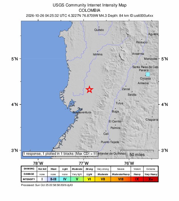 USGS DYFI community-reported intensity map for the M4.3 earthquake near 44 km SW of Sipí, Colombia