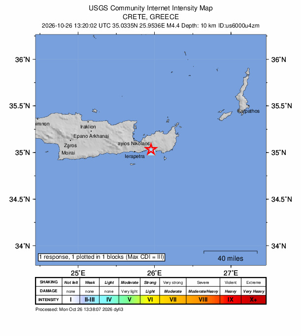 USGS DYFI community-reported intensity map for the M4.4 earthquake near 18 km E of Kentrí, Greece