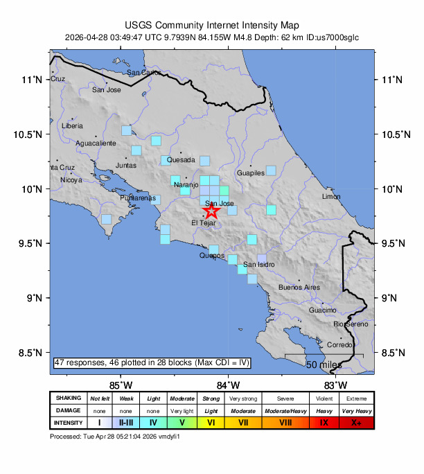USGS DYFI community-reported intensity map for the M4.8 earthquake near 0 km SE of San Ignacio, Costa Rica