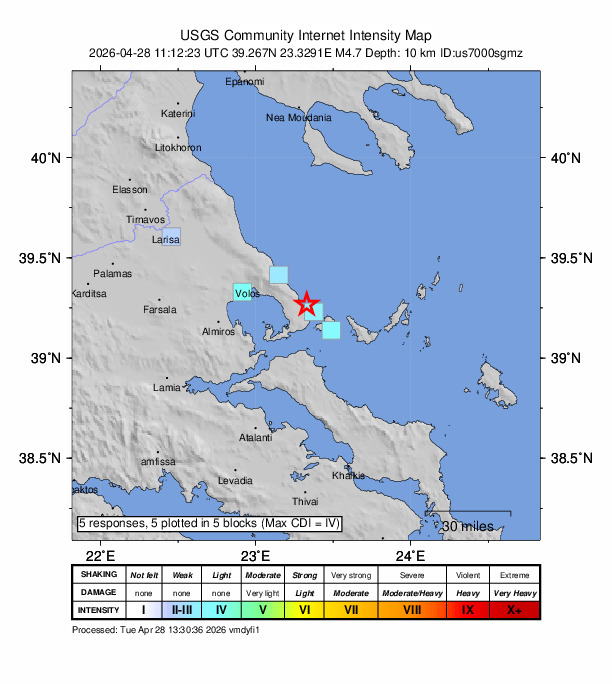 USGS DYFI community-reported intensity map for the M4.7 earthquake near 10 km ENE of Argalastí, Greece