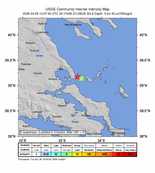 USGS DYFI community-reported intensity map for the M4.8 earthquake near 8 km W of Skiáthos, Greece