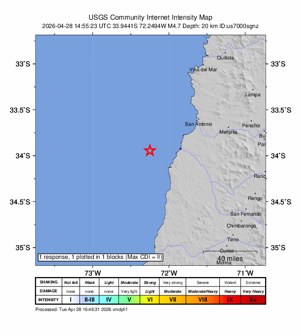 USGS DYFI community-reported intensity map for the M4.7 earthquake near 70 km WSW of San Antonio, Chile