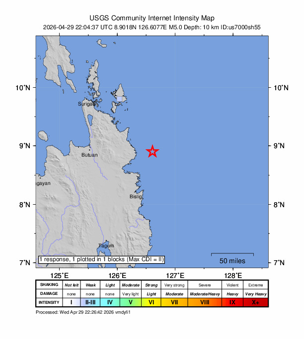 USGS DYFI community-reported intensity map for the M5.0 earthquake near 32 km E of Aras-asan, Philippines