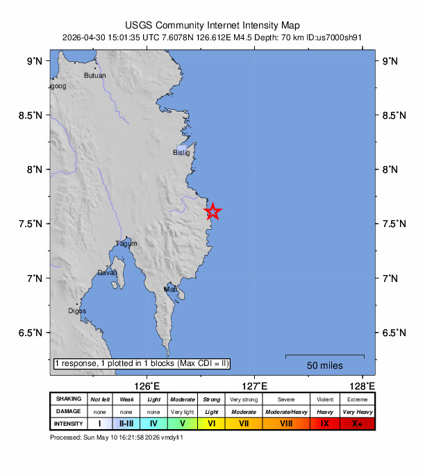 USGS DYFI community-reported intensity map for the M4.5 earthquake near 6 km ENE of Baganga, Philippines