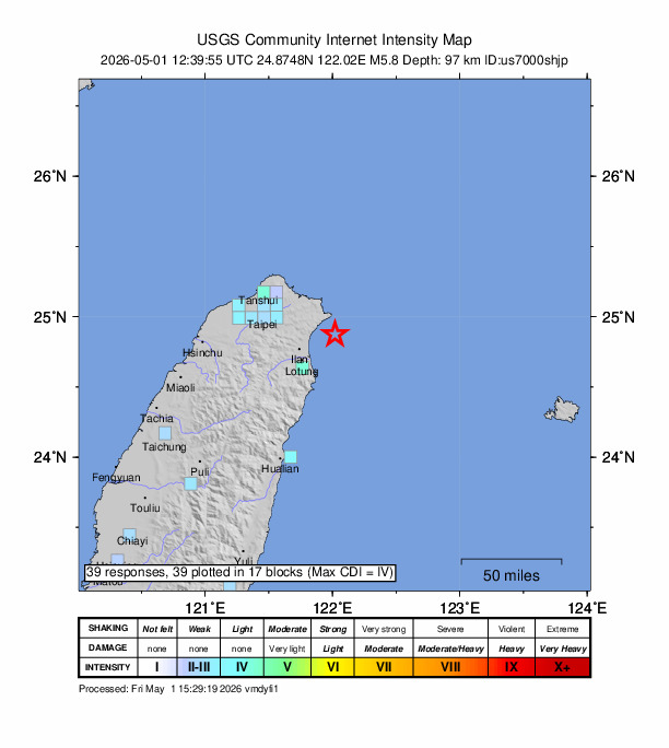 USGS DYFI community-reported intensity map for the M5.8 earthquake near 29 km ENE of Yilan, Taiwan