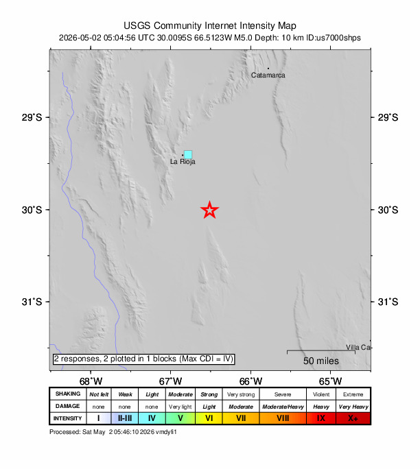 USGS DYFI community-reported intensity map for the M5.0 earthquake near 43 km NNW of Chamical, Argentina
