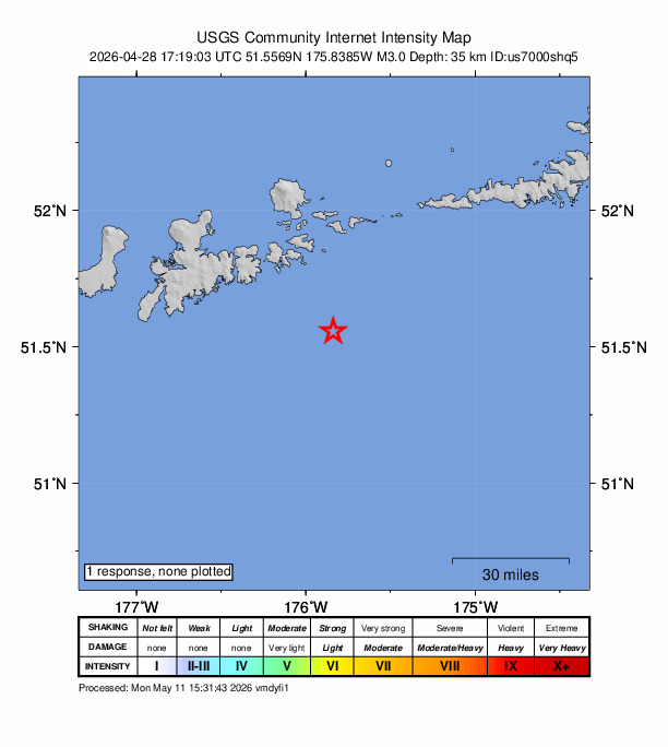 USGS DYFI community-reported intensity map for the M3.0 earthquake near 65 km ESE of Adak, Alaska