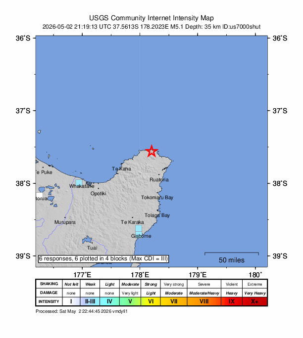 USGS DYFI community-reported intensity map for the M5.1 earthquake near 9 km WNW of Hicks Bay, New Zealand