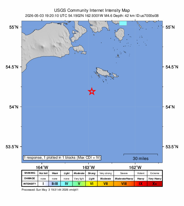 USGS DYFI community-reported intensity map for the M4.6 earthquake near 80 km SSE of False Pass, Alaska