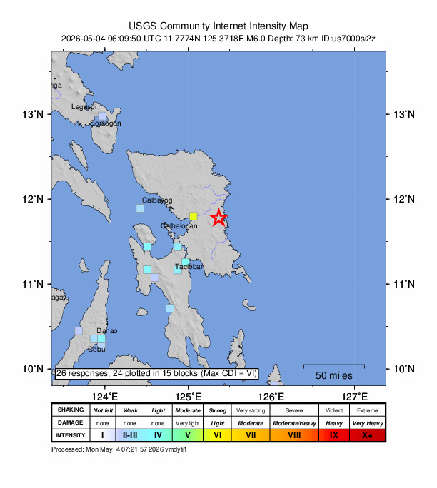 USGS DYFI community-reported intensity map for the M6.0 earthquake near 5 km WNW of Nena, Philippines