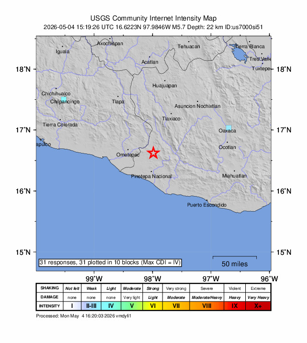 USGS DYFI community-reported intensity map for the M5.7 earthquake near 2 km SE of Zocoteaca de León, Mexico
