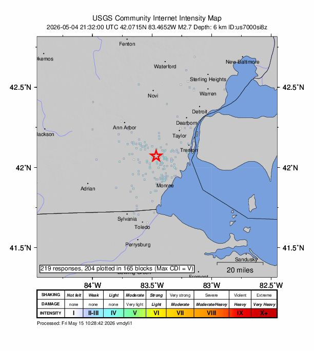 USGS DYFI community-reported intensity map for the M2.7 earthquake near 6 km WNW of Carleton, Michigan