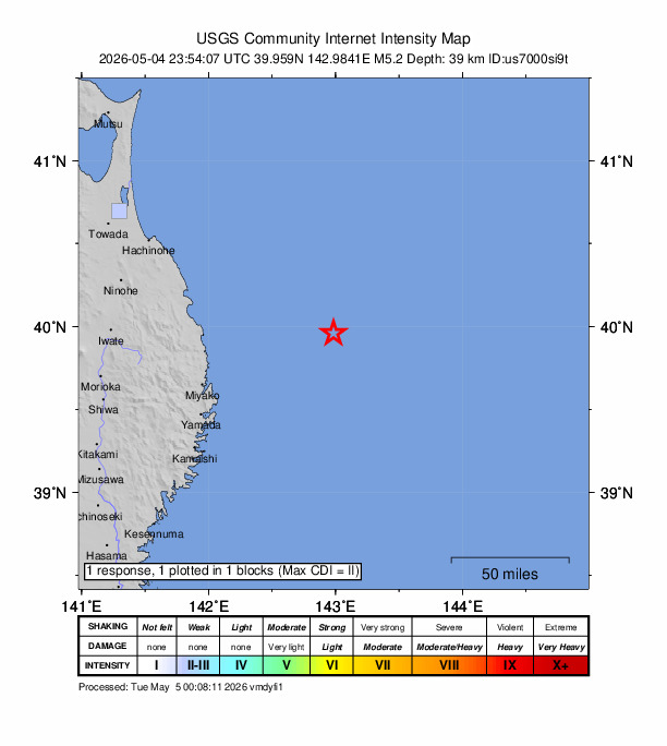 USGS DYFI community-reported intensity map for the M5.2 earthquake near 95 km ENE of Miyako, Japan