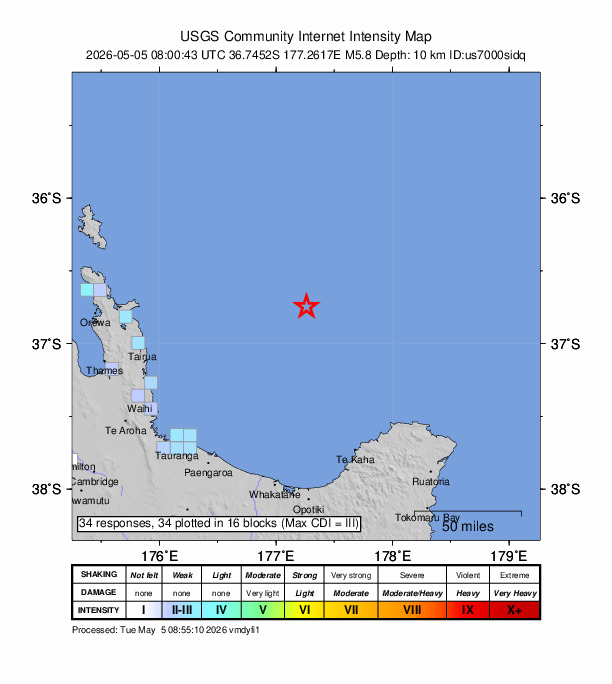 USGS DYFI community-reported intensity map for the M5.8 earthquake near 127 km ENE of Pauanui, New Zealand