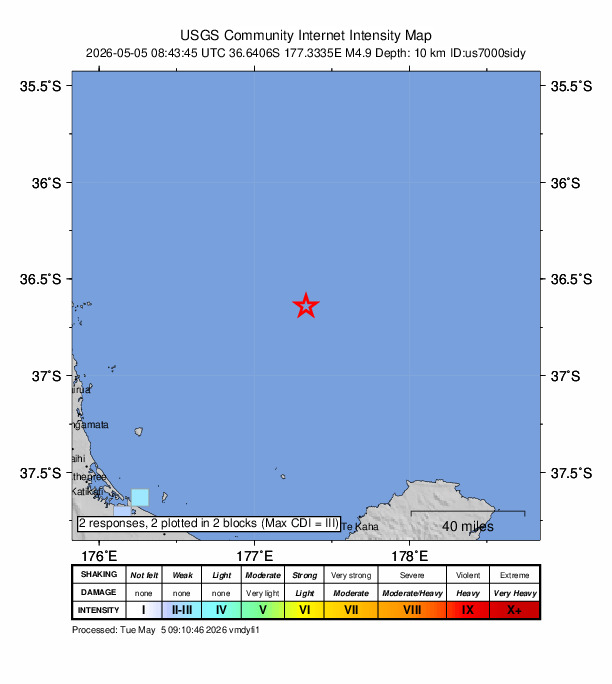 USGS DYFI community-reported intensity map for the M4.9 earthquake near 136 km NW of Hicks Bay, New Zealand