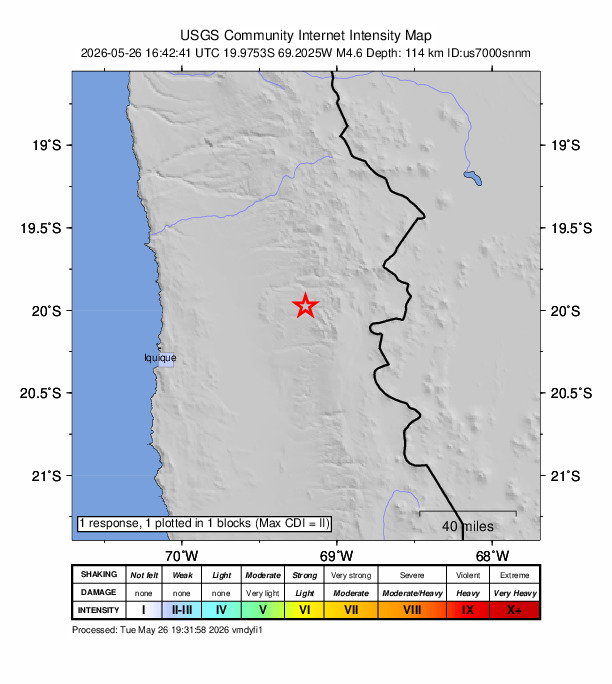 USGS DYFI community-reported intensity map for the M4.6 earthquake near 59 km E of Huara, Chile