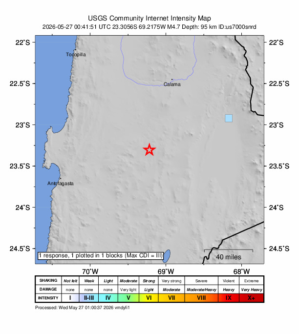 USGS DYFI community-reported intensity map for the M4.7 earthquake near 98 km SSW of Calama, Chile